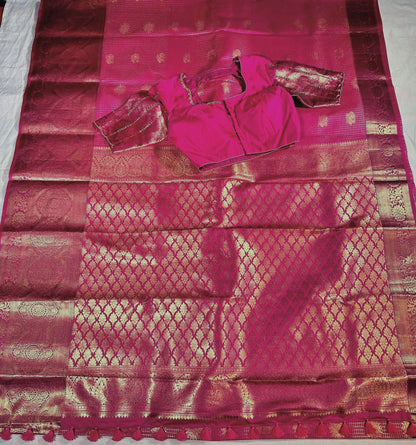 Kanjivaram Premium Semi Silk Saree with Stitched Maggam Work Blouse | Indian Wedding Saree | Ships From USA