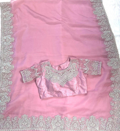 Elegant Party Wear Saree Pure Crape Silk with Stitched Designer Blouse | Wedding Festival Traditional Saree | Ships from USA