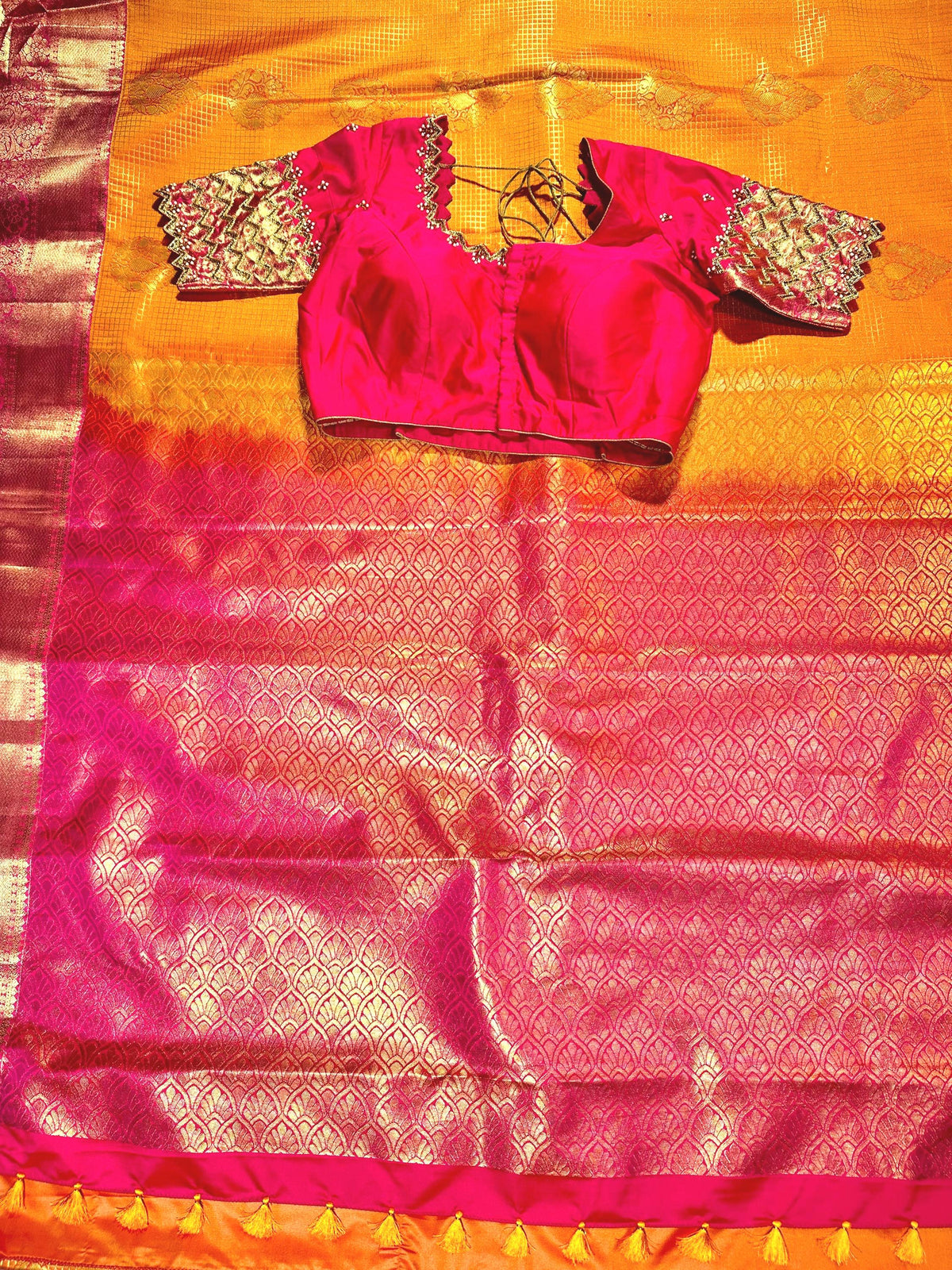 Kanchivaram Premium Semi Silk Saree with Maggam Work Blouse Ready-to-wear, Shipping from USA