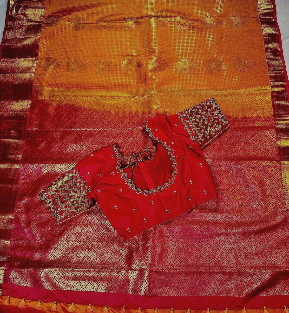 Kanchivaram Premium Semi Silk Saree with Maggam Work Blouse Ready-to-wear, Shipping from USA