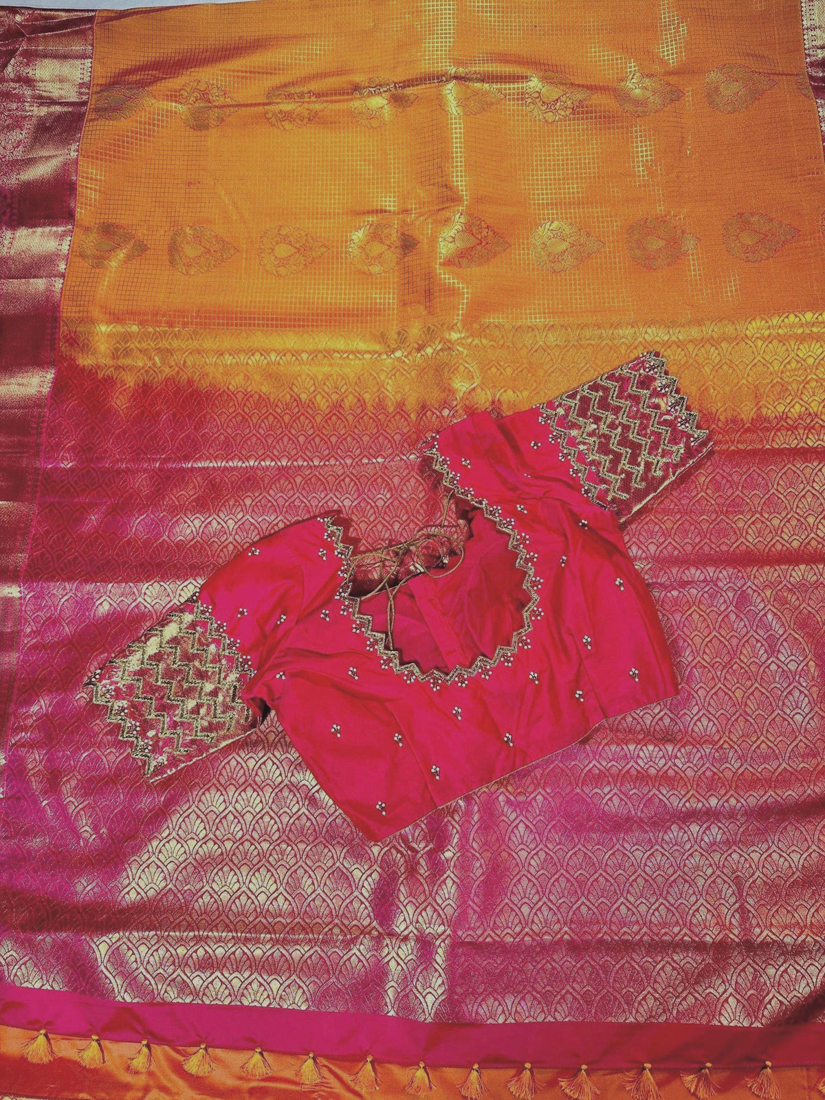 Kanchivaram Premium Semi Silk Saree with Maggam Work Blouse Ready-to-wear, Shipping from USA