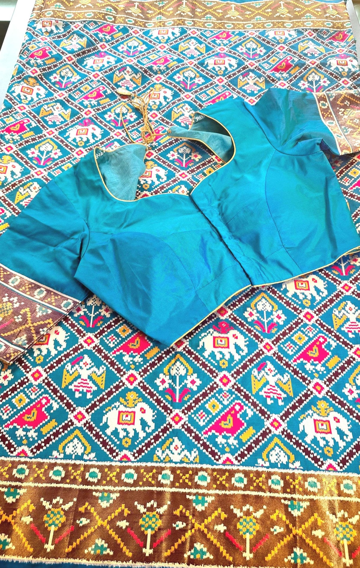 Weaving Handloom Patola Saree with Stitched Blouse, Chakli Popat Design Semi Silk Full Weaving Saree, Shipping from USA, Ready to Wear