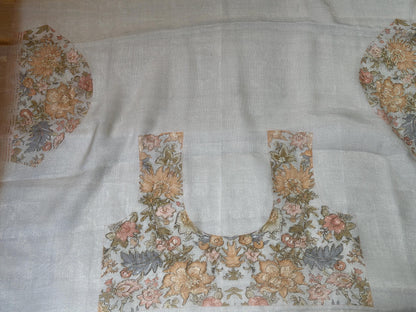 Handloom Pure Tissue Linen Silk Saree with Floral Design, Aari Work, Running Blouse & Stitched Blouse | Elegant Wedding Party Festive Saree