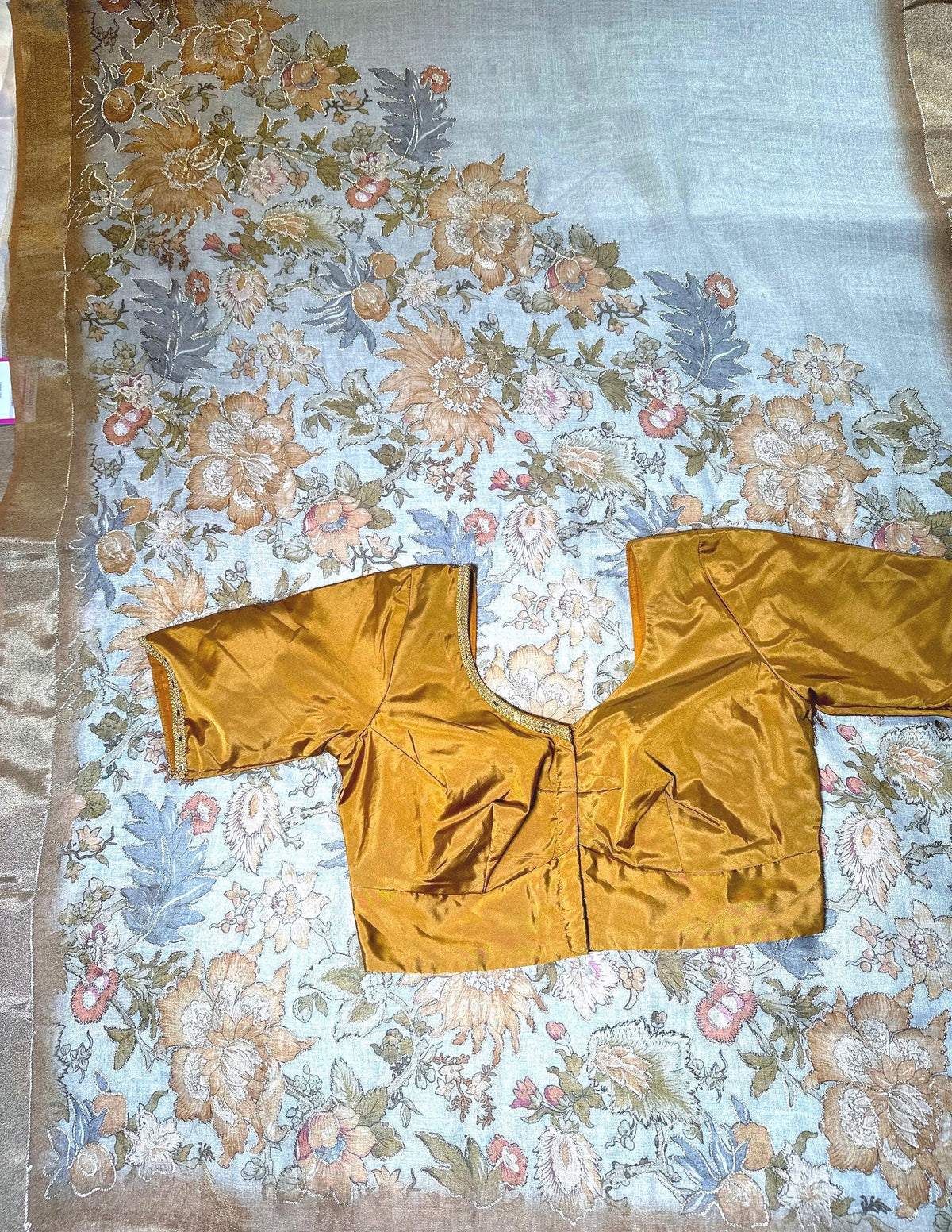 Handloom Pure Tissue Linen Silk Saree with Floral Design, Aari Work, Running Blouse & Stitched Blouse | Elegant Wedding Party Festive Saree