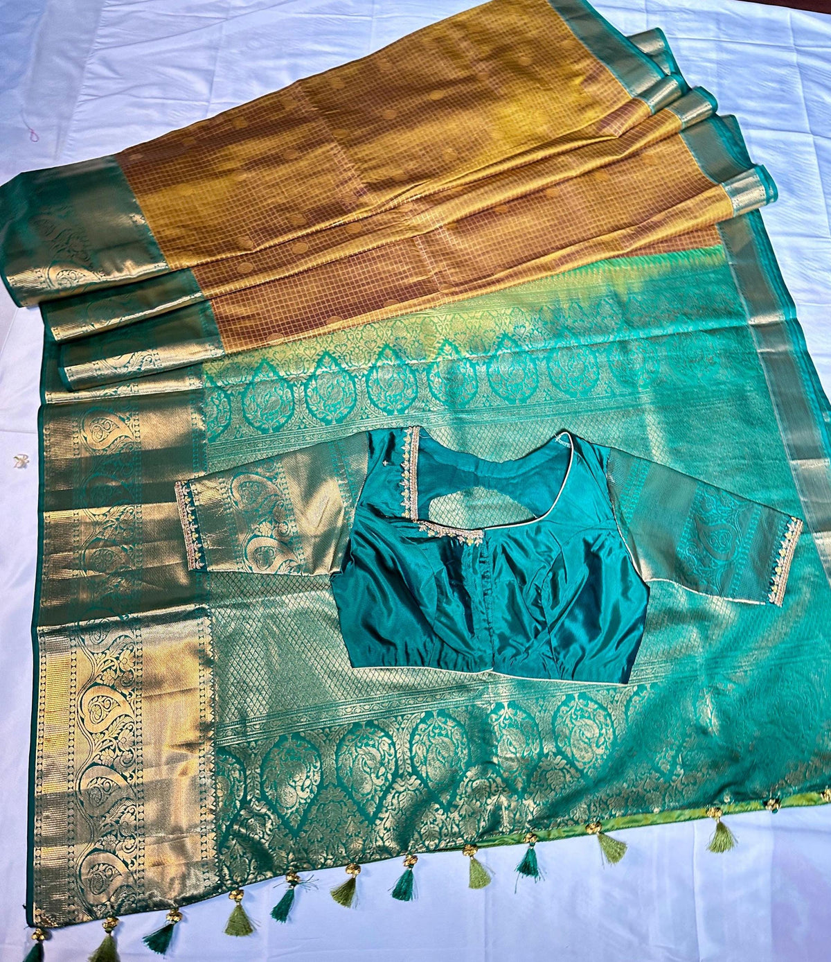 Kanjivaram Semi Silk Saree with Stitched Blouse, Ready to Wear Wedding Party Saree, Traditional Indian Saree, Ships from USA