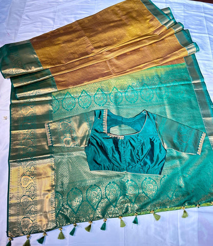 Kanjivaram Semi Silk Saree with Stitched Blouse, Ready to Wear Wedding Party Saree, Traditional Indian Saree, Ships from USA