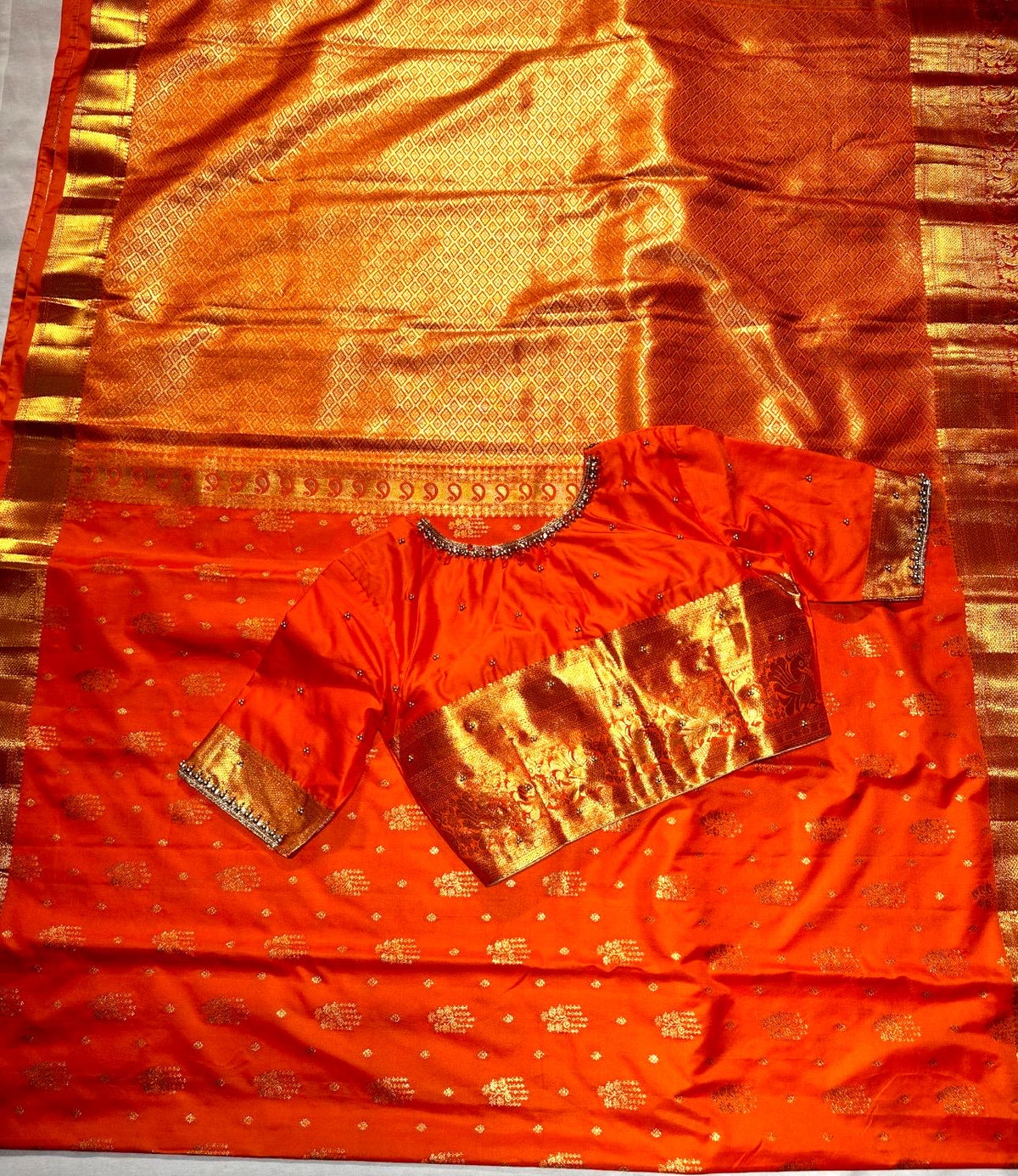 Kanjivaram Premium Semi Silk Saree with Stitched Maggam Work Blouse | Indian Wedding Orange Saree | Ships From USA
