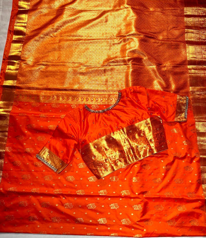 Kanjivaram Premium Semi Silk Saree with Stitched Maggam Work Blouse | Indian Wedding Orange Saree | Ships From USA