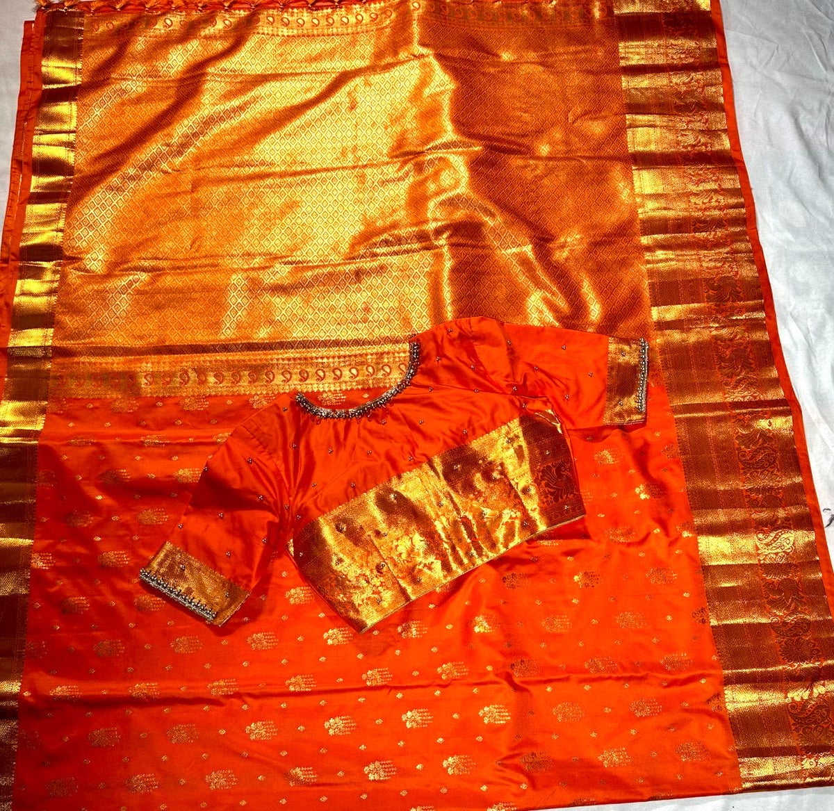 Kanjivaram Premium Semi Silk Saree with Stitched Maggam Work Blouse | Indian Wedding Orange Saree | Ships From USA
