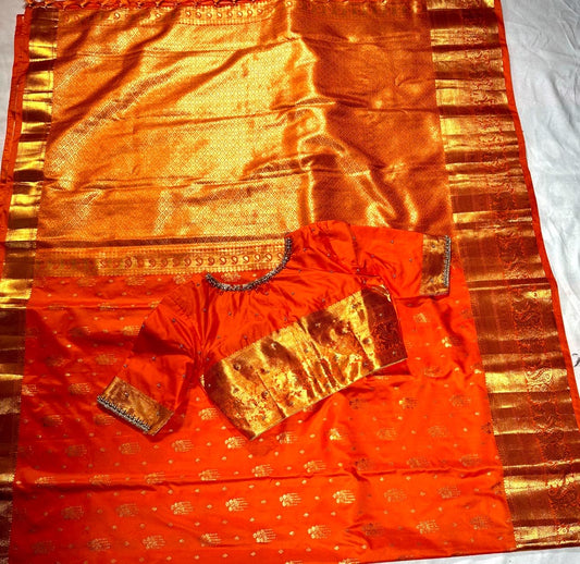 Kanjivaram Premium Semi Silk Saree with Stitched Maggam Work Blouse | Indian Wedding Orange Saree | Ships From USA