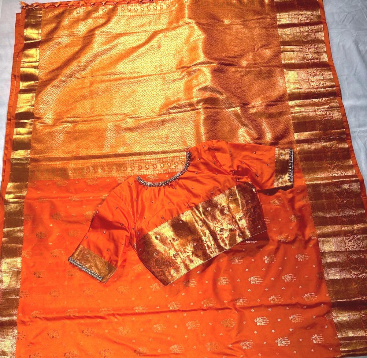 Kanjivaram Premium Semi Silk Saree with Stitched Maggam Work Blouse | Indian Wedding Orange Saree | Ships From USA