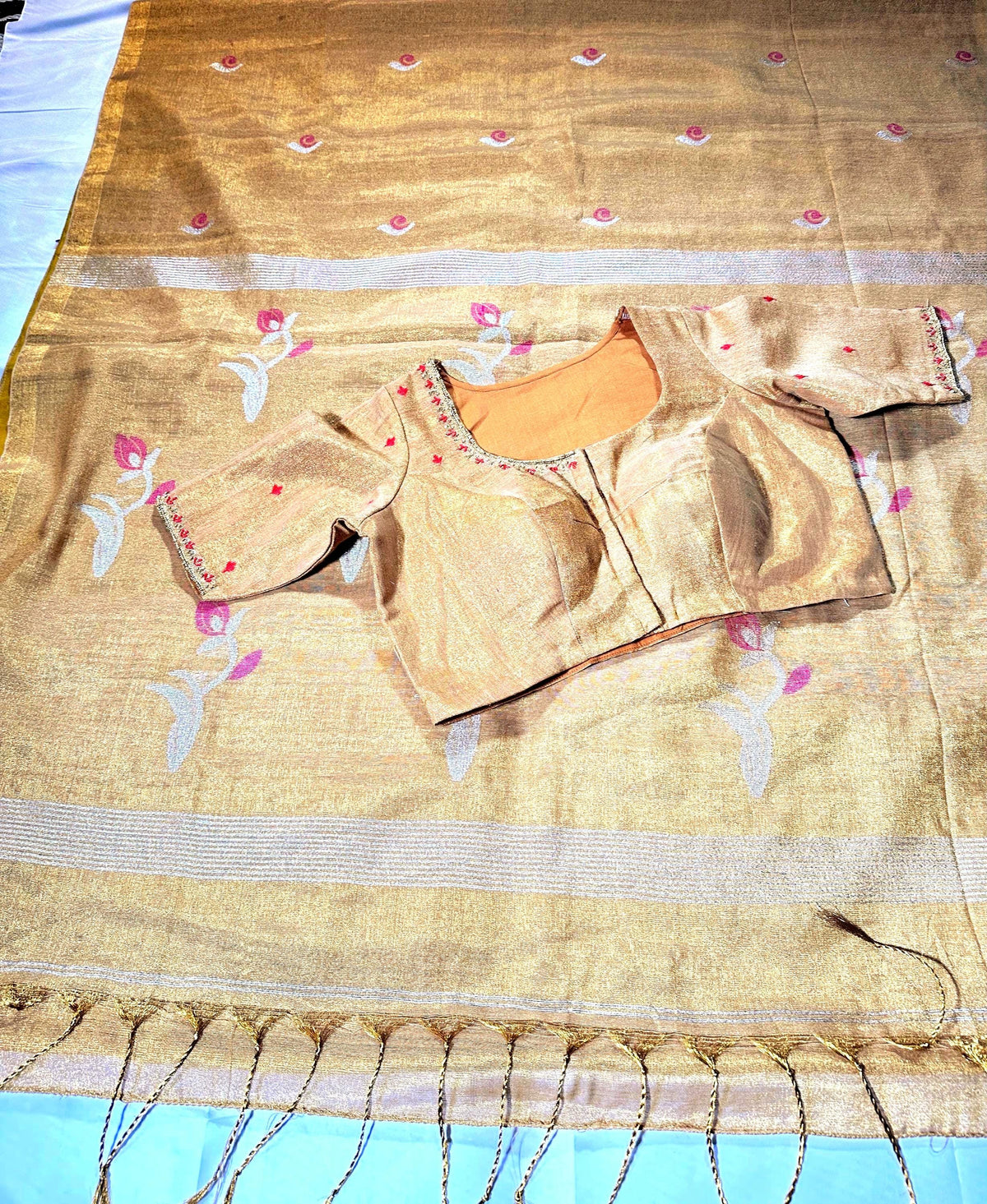 Handloom Pure Tissue Jamdani Silk Saree with Stitched Embroidery Blouse, Ready to Wear Saree Partywear
