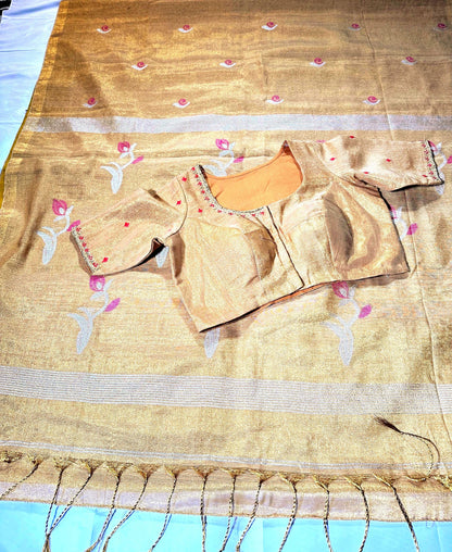 Handloom Pure Tissue Jamdani Silk Saree with Stitched Embroidery Blouse, Ready to Wear Saree Partywear
