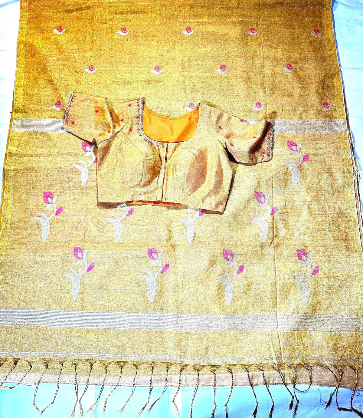 Handloom Pure Tissue Jamdani Silk Saree with Stitched Embroidery Blouse, Ready to Wear Saree Partywear