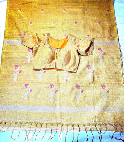 Handloom Pure Tissue Jamdani Silk Saree with Stitched Embroidery Blouse, Ready to Wear Saree Partywear