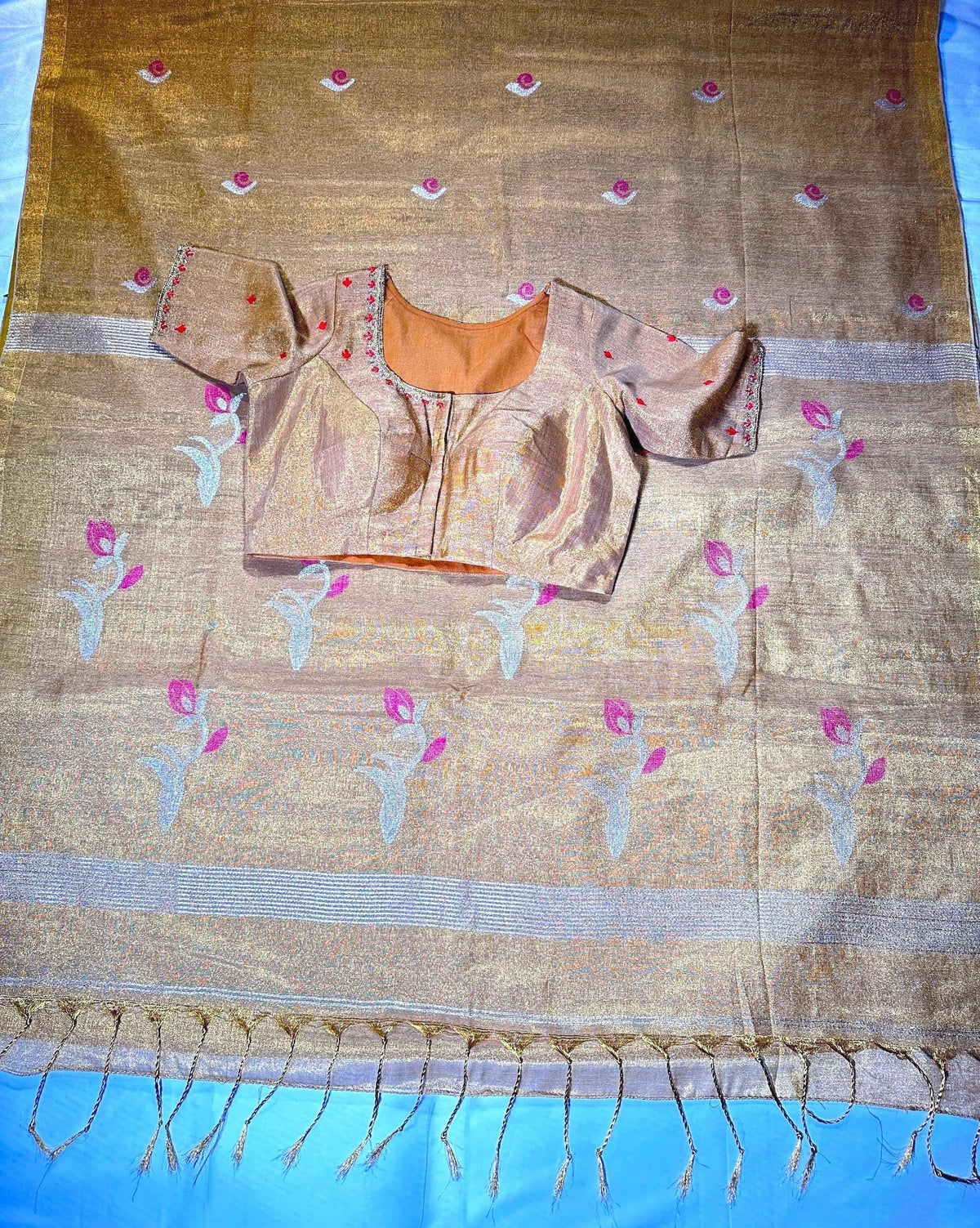 Handloom Pure Tissue Jamdani Silk Saree with Stitched Embroidery Blouse, Ready to Wear Saree Partywear