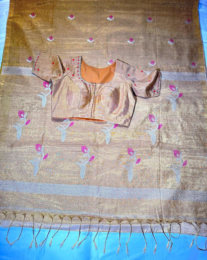 Handloom Pure Tissue Jamdani Silk Saree with Stitched Embroidery Blouse, Ready to Wear Saree Partywear