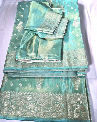 Banarasi Tissue Crape Silk Saree  with Stitched Blouse | Party Wear  Silk Saree with Blouse  | Stitched Blouse | Rich Zari Border