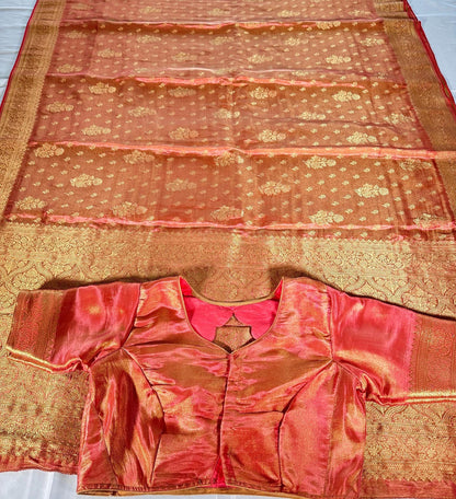 Banarasi Tissue Crape Silk Saree USA | Party Wear Wedding Silk Saree with Blouse  | Stitched Blouse | Shade of pink