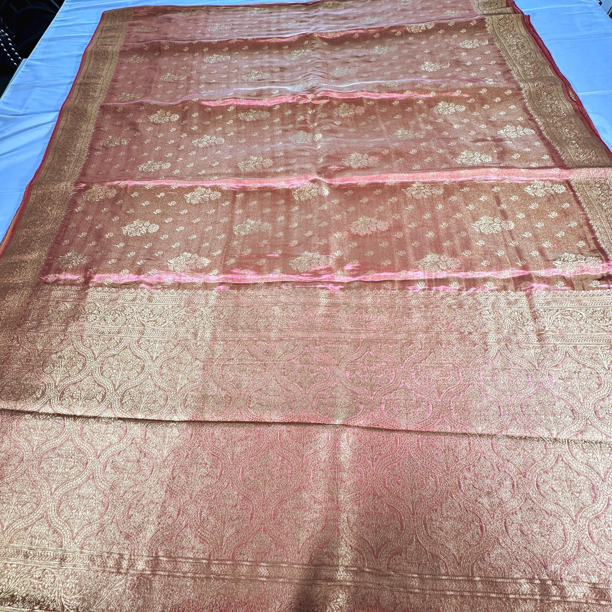 Banarasi Tissue Crape Silk Saree USA | Party Wear Wedding Silk Saree with Blouse  | Stitched Blouse | Shade of pink