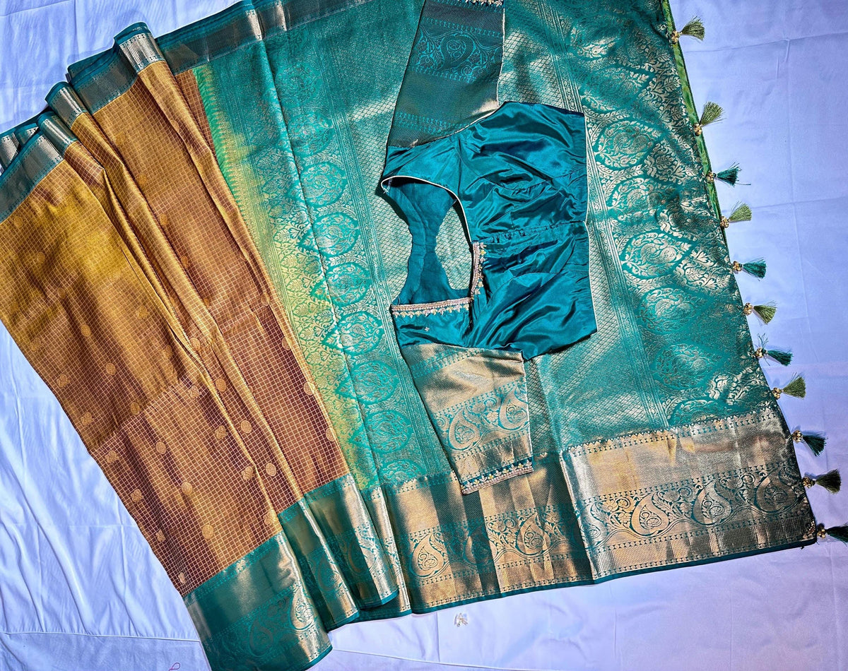 Kanjivaram Semi Silk Saree with Stitched Blouse, Ready to Wear Wedding Party Saree, Traditional Indian Saree, Ships from USA