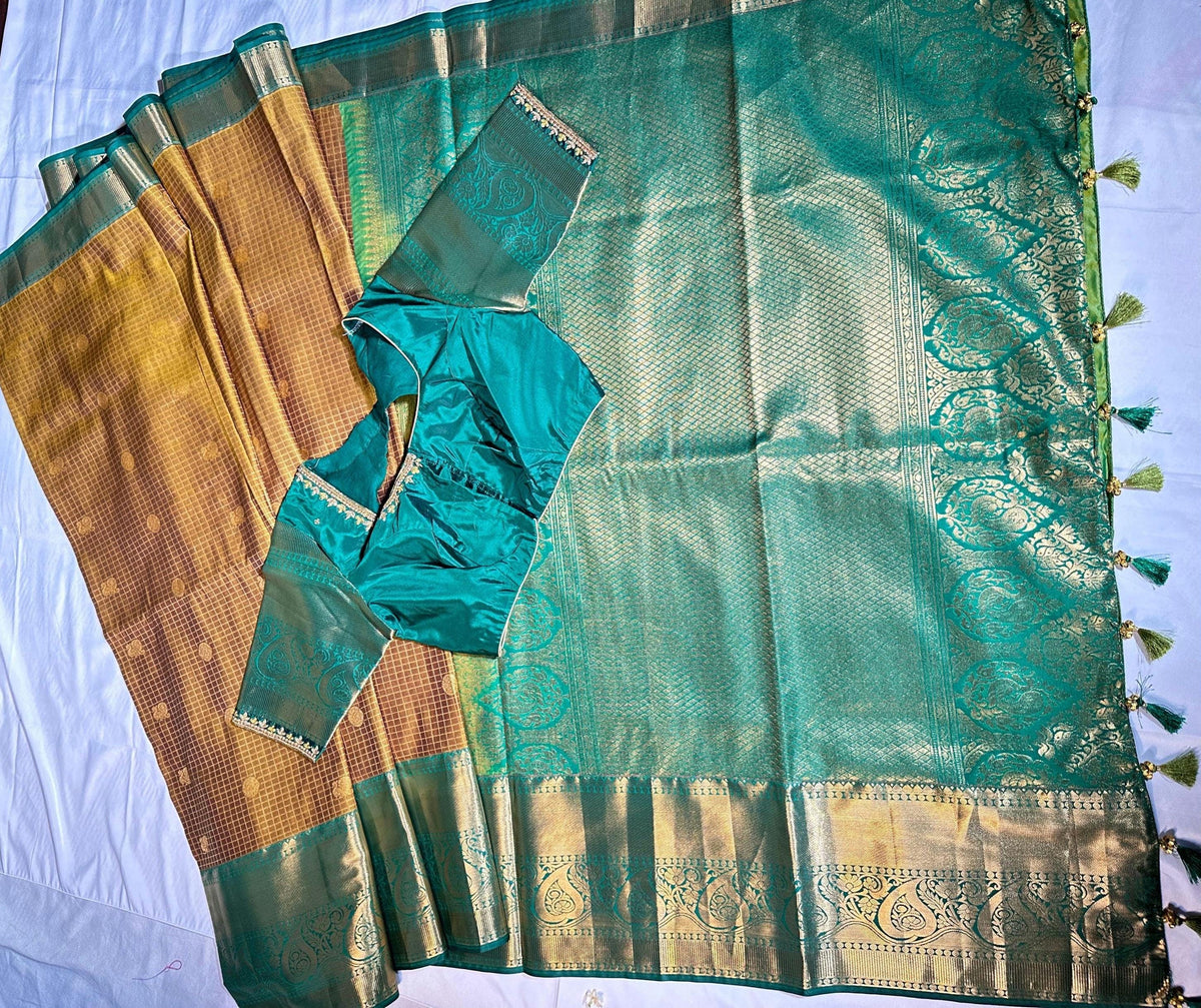 Kanjivaram Semi Silk Saree with Stitched Blouse, Ready to Wear Wedding Party Saree, Traditional Indian Saree, Ships from USA