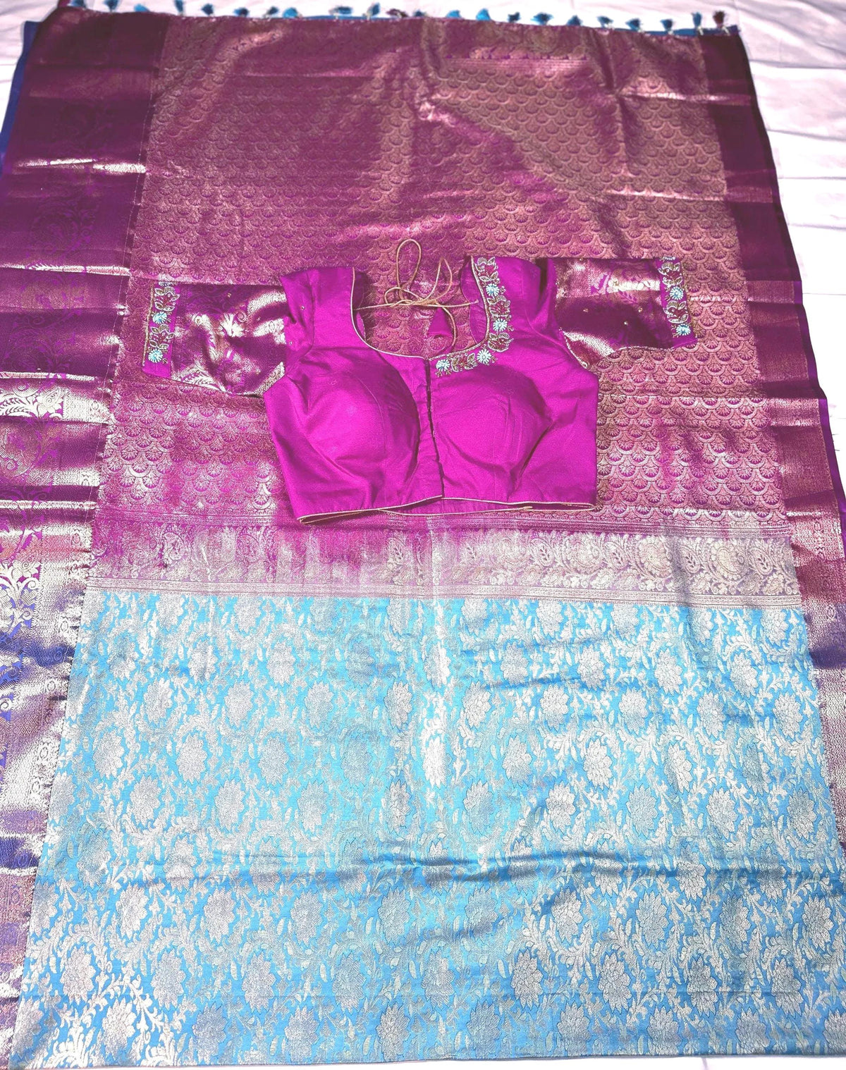 Premium Kanjivaram Silk Saree with Stitched Maggam Work Blouse, Wedding Party Wear