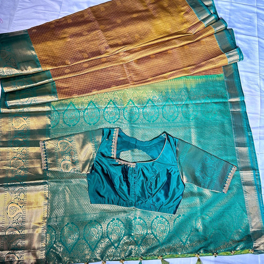 Kanjivaram Semi Silk Saree with Stitched Blouse, Ready to Wear Wedding Party Saree, Traditional Indian Saree, Ships from USA