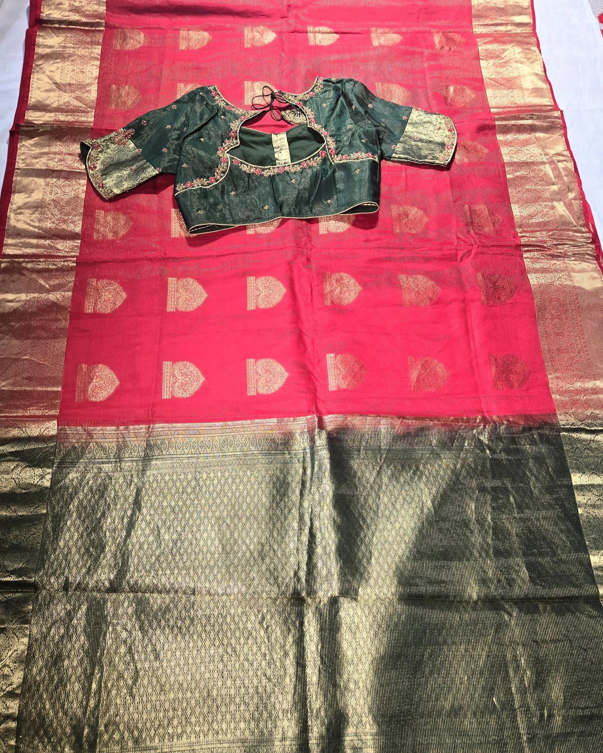 Handloom Pure Kanjivaram Red Silk Saree with Stitched Blouse | Wedding Saree With Stitched Maggam Work Blouse | Indian Party Wear Saree