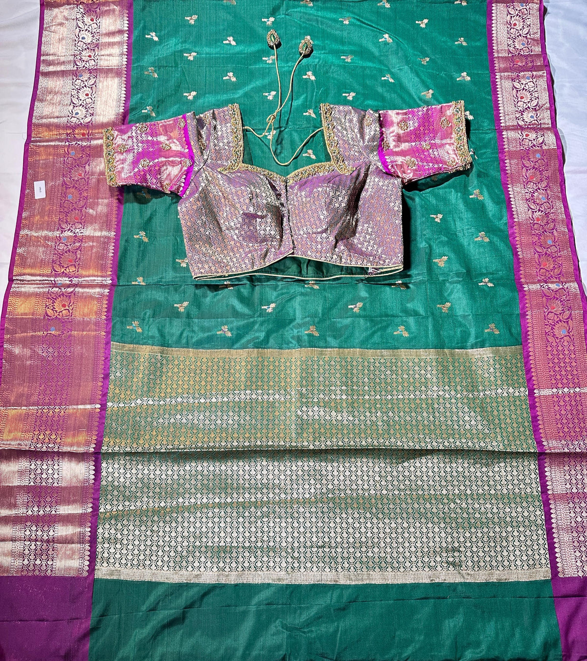 Ready to Wear Chiniya Pattu Gadwal Border Saree with Stitched Maggam Work Blouse, Elegant Partywear Wedding Saree