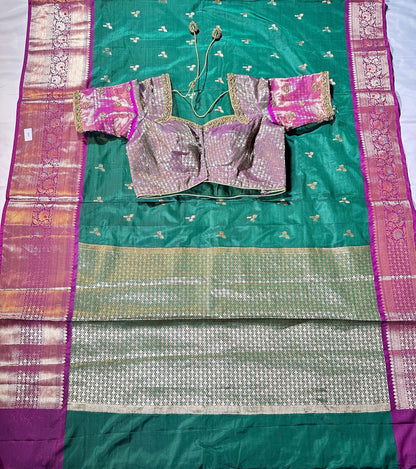 Ready to Wear Chiniya Pattu Gadwal Border Saree with Stitched Maggam Work Blouse, Elegant Partywear Wedding Saree