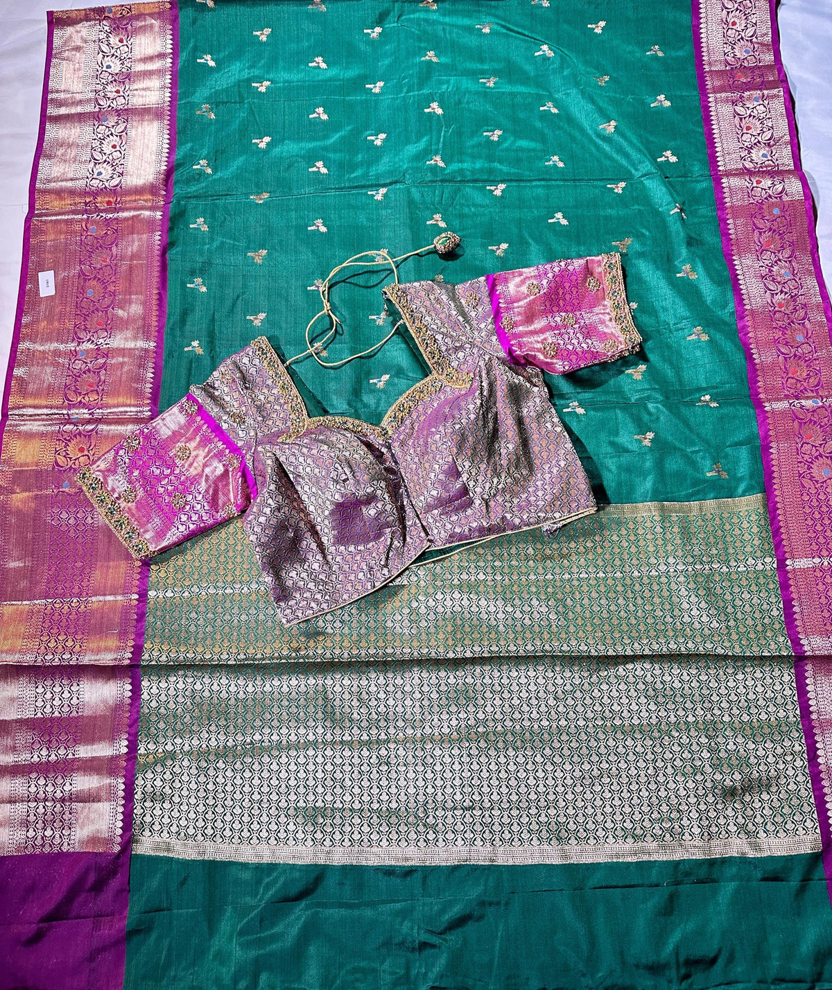 Ready to Wear Chiniya Pattu Gadwal Border Saree with Stitched Maggam Work Blouse, Elegant Partywear Wedding Saree