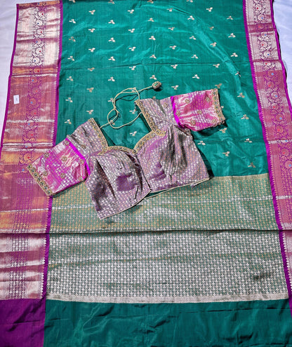 Ready to Wear Chiniya Pattu Gadwal Border Saree with Stitched Maggam Work Blouse, Elegant Partywear Wedding Saree