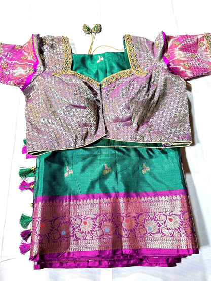 Ready to Wear Chiniya Pattu Gadwal Border Saree with Stitched Maggam Work Blouse, Elegant Partywear Wedding Saree