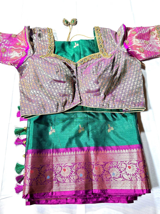 Ready to Wear Chiniya Pattu Gadwal Border Saree with Stitched Maggam Work Blouse, Elegant Partywear Wedding Saree