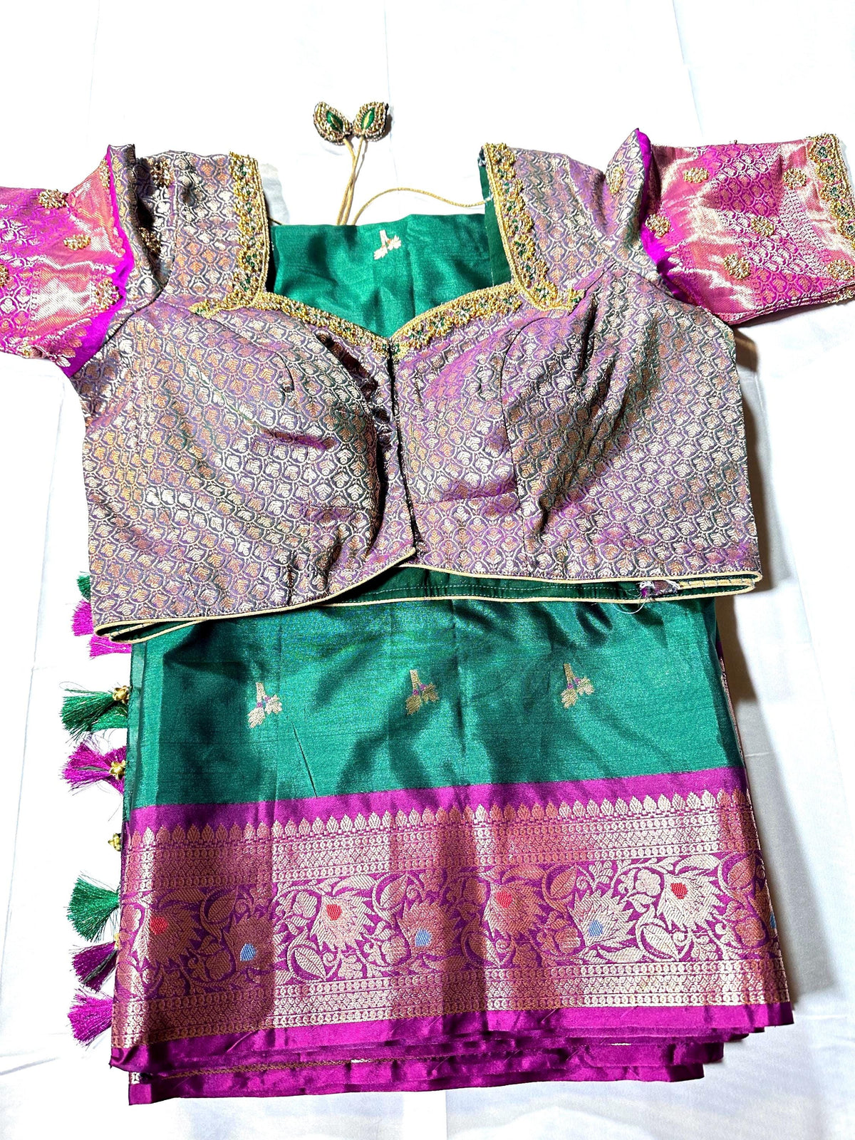 Ready to Wear Chiniya Pattu Gadwal Border Saree with Stitched Maggam Work Blouse, Elegant Partywear Wedding Saree