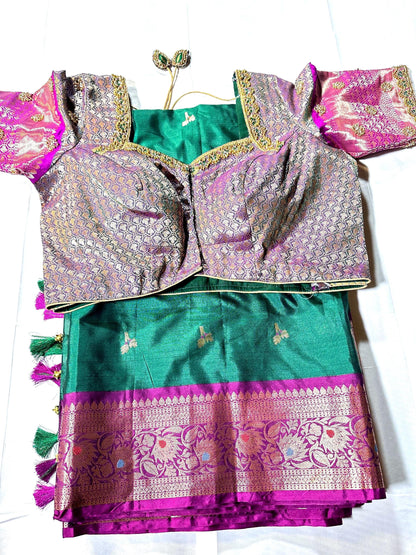 Ready to Wear Chiniya Pattu Gadwal Border Saree with Stitched Maggam Work Blouse, Elegant Partywear Wedding Saree