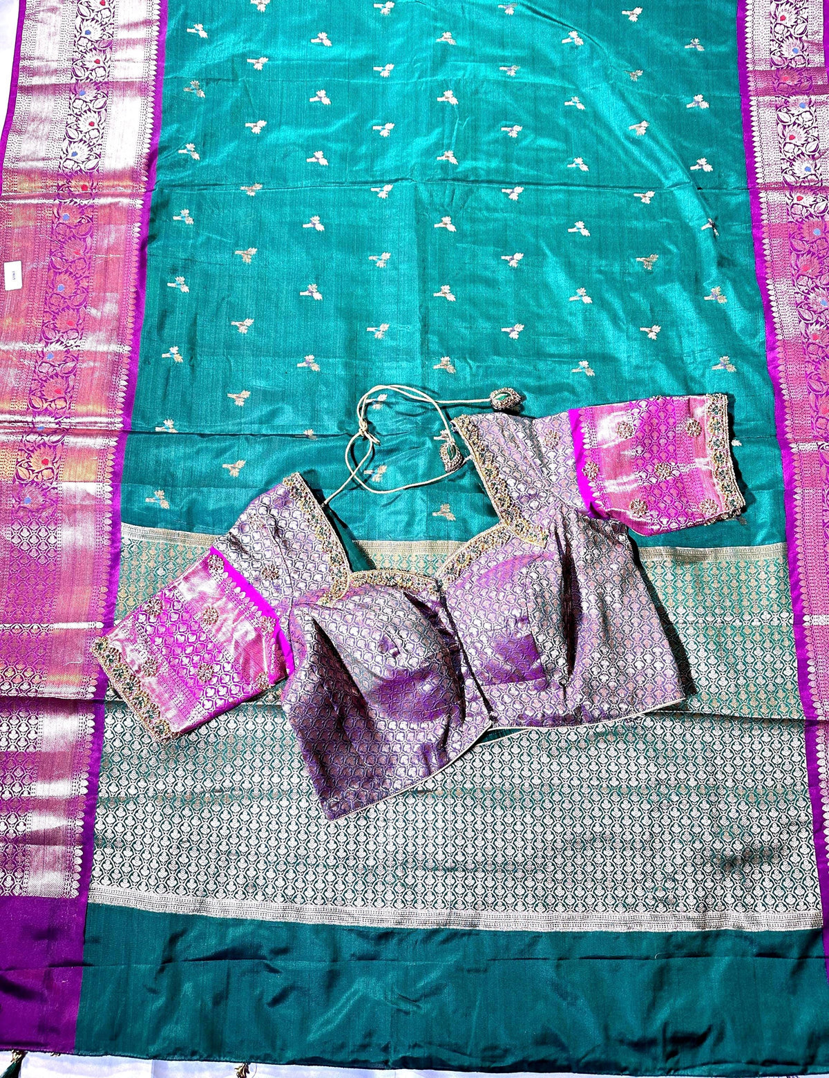 Ready to Wear Chiniya Pattu Gadwal Border Saree with Stitched Maggam Work Blouse, Elegant Partywear Wedding Saree