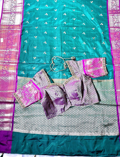 Ready to Wear Chiniya Pattu Gadwal Border Saree with Stitched Maggam Work Blouse, Elegant Partywear Wedding Saree