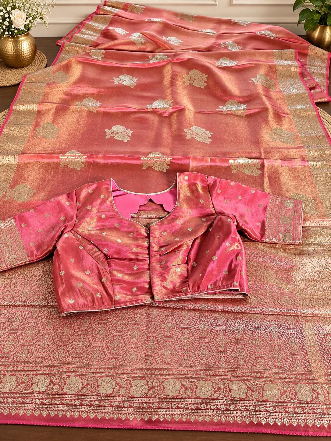 Banarasi Tissue Crape Silk Saree for Party Wear – Rich Zari Border & Stitched Blouse in Orange Shade (USA Delivery) Ready to Wear