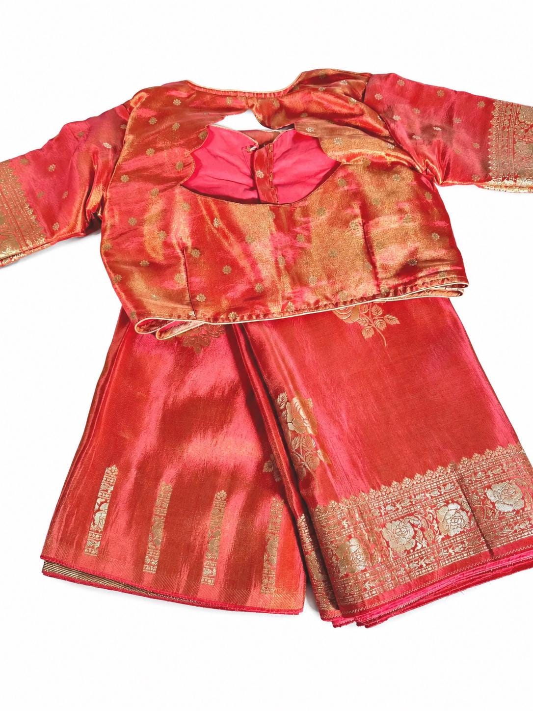Banarasi Tissue Crape Silk Saree for Party Wear – Rich Zari Border & Stitched Blouse in Orange Shade (USA Delivery) Ready to Wear