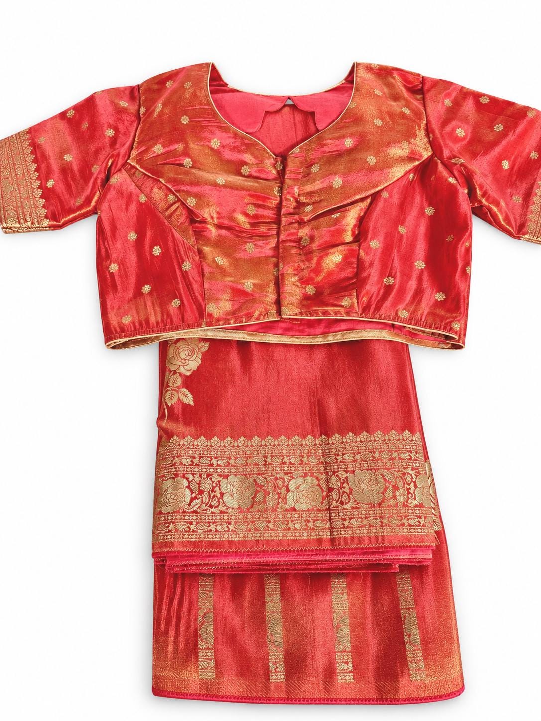 Banarasi Tissue Crape Silk Saree for Party Wear – Rich Zari Border & Stitched Blouse in Orange Shade (USA Delivery) Ready to Wear