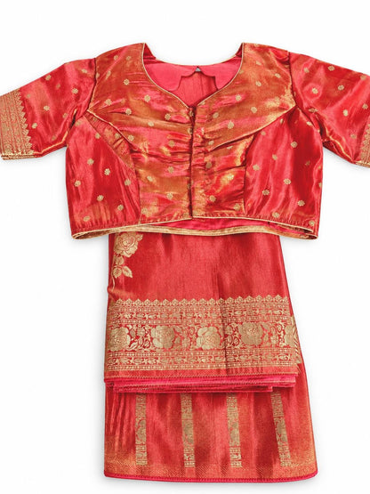 Banarasi Tissue Crape Silk Saree for Party Wear – Rich Zari Border & Stitched Blouse in Orange Shade (USA Delivery) Ready to Wear