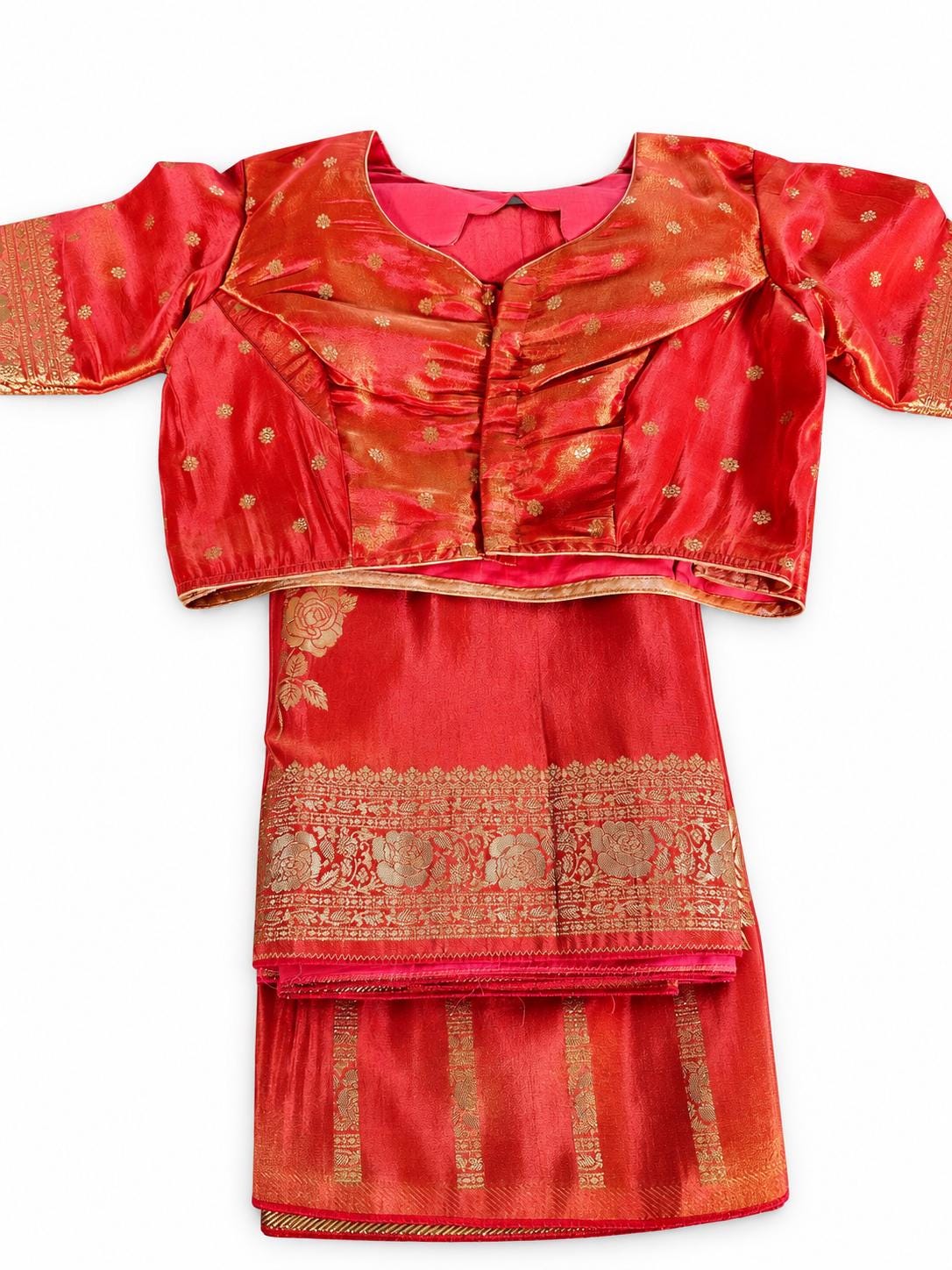 Banarasi Tissue Crape Silk Saree for Party Wear – Rich Zari Border & Stitched Blouse in Orange Shade (USA Delivery) Ready to Wear