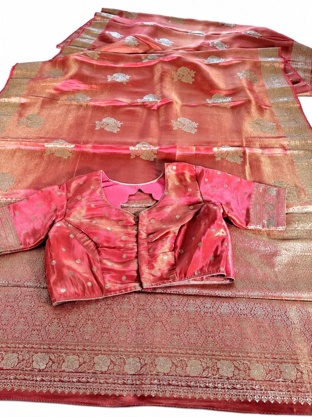 Banarasi Tissue Crape Silk Saree for Party Wear – Rich Zari Border & Stitched Blouse in Orange Shade (USA Delivery) Ready to Wear