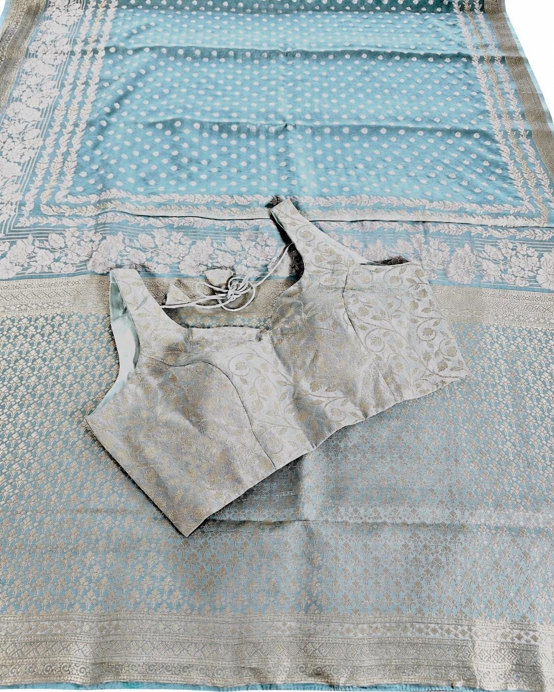 Banarasi Moonga Silk Saree with stitched blouse | Sleeveless Blouse with Sleeves included for stitching | USA shipping