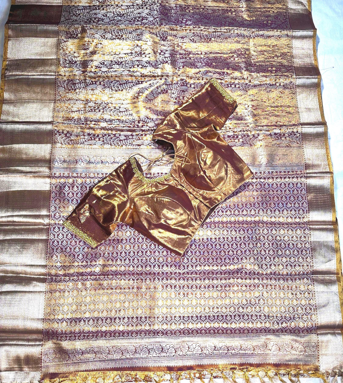 Kanjeevaram Tissue Premium  Kanchi Pattu Silk Saree with Stitched Maggam Work Blouse