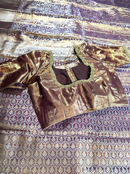 Kanjeevaram Tissue Premium  Kanchi Pattu Silk Saree with Stitched Maggam Work Blouse