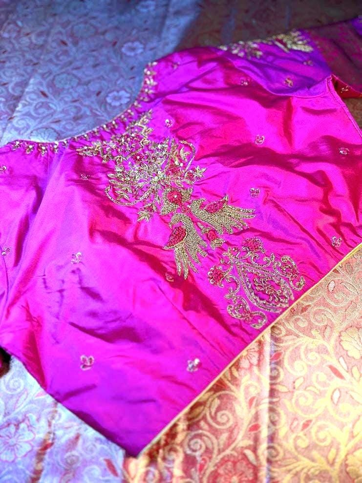 Kanjivaram Tissue Semi Silk Saree with Stitched Maggam Work Blouse |  Semi Kanchi pattu Indian Wedding Saree | Ships From USA