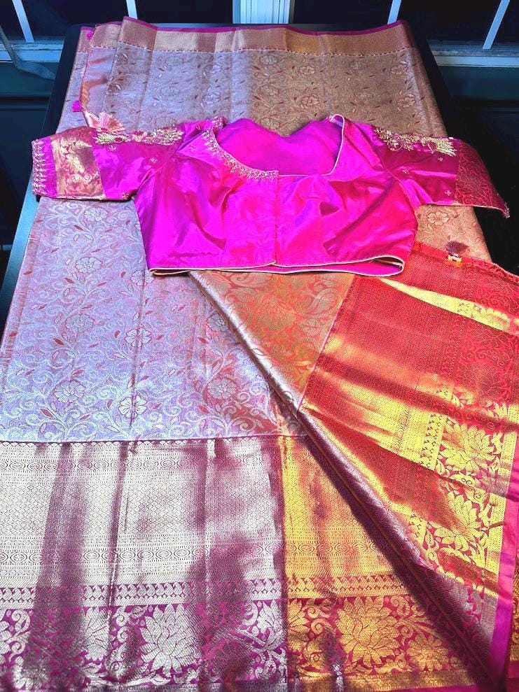 Kanjivaram Tissue Semi Silk Saree with Stitched Maggam Work Blouse |  Semi Kanchi pattu Indian Wedding Saree | Ships From USA